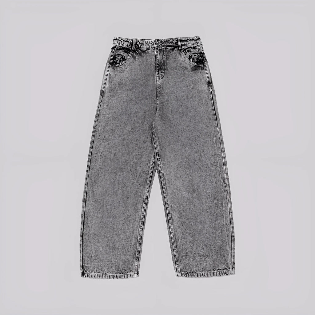Grey loose-fit straight-leg denim trousers for men and women on a hanger.