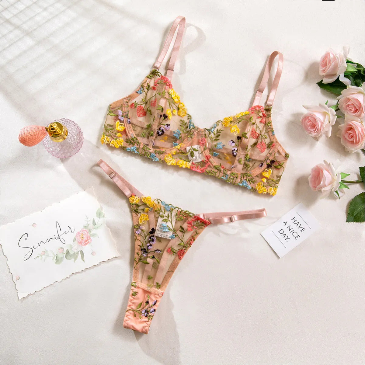 Floral pattern mesh bra with steel ring T-back in multiple colours