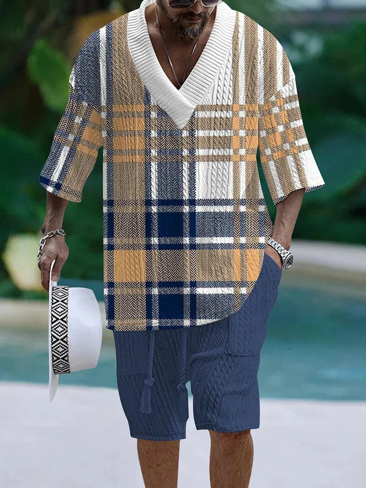 Loose casual short sleeve suit two-piece set in polyester fabric, showing top and shorts.