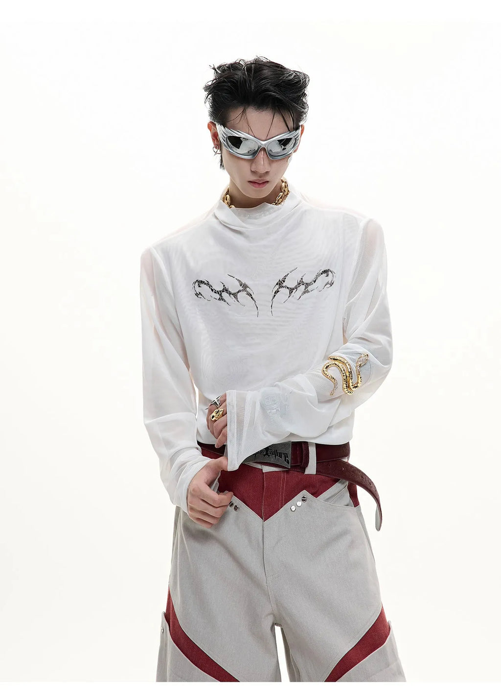 Niche mesh slim fit long sleeve shirt in black and white on a mannequin