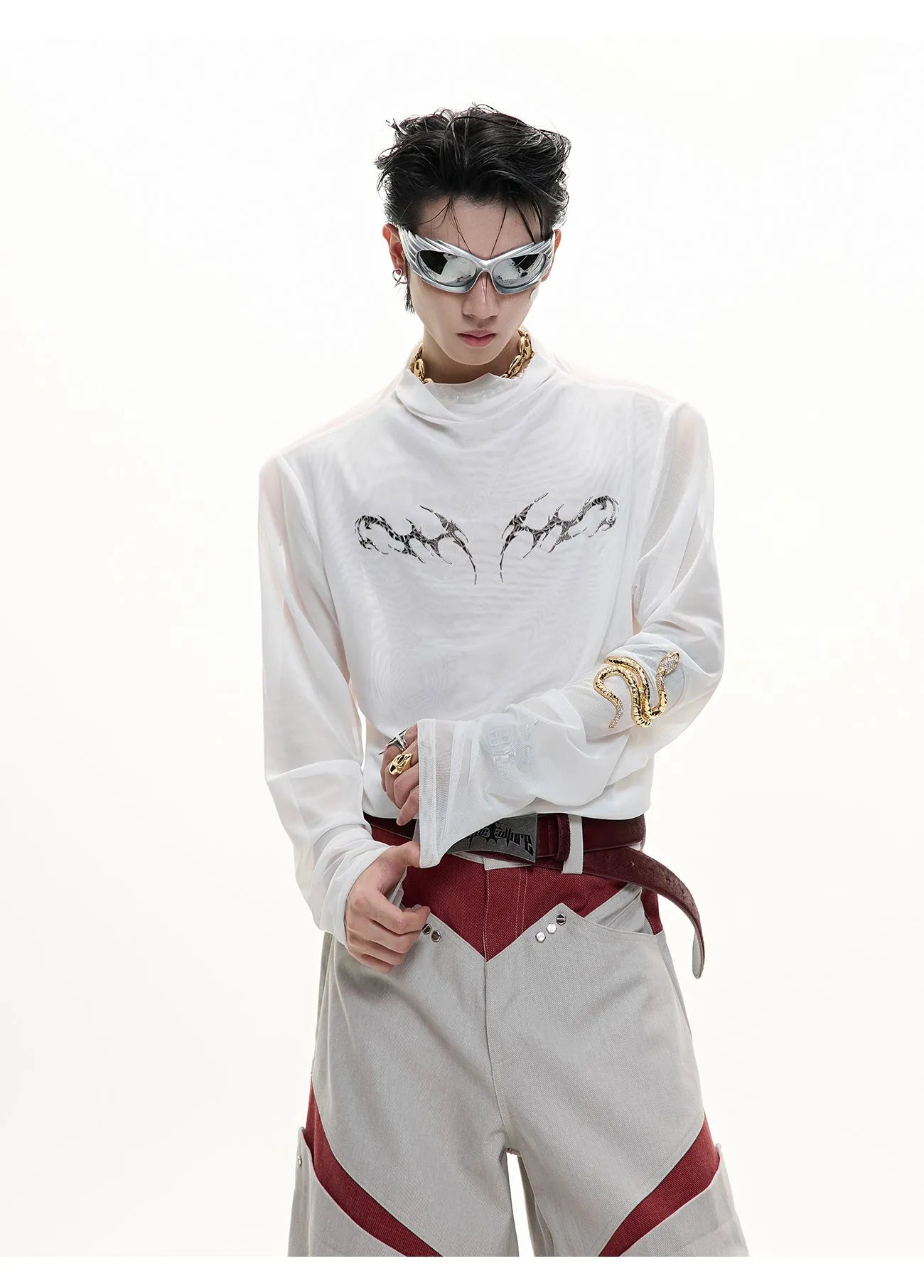 Niche mesh slim fit long sleeve shirt in black and white on a mannequin