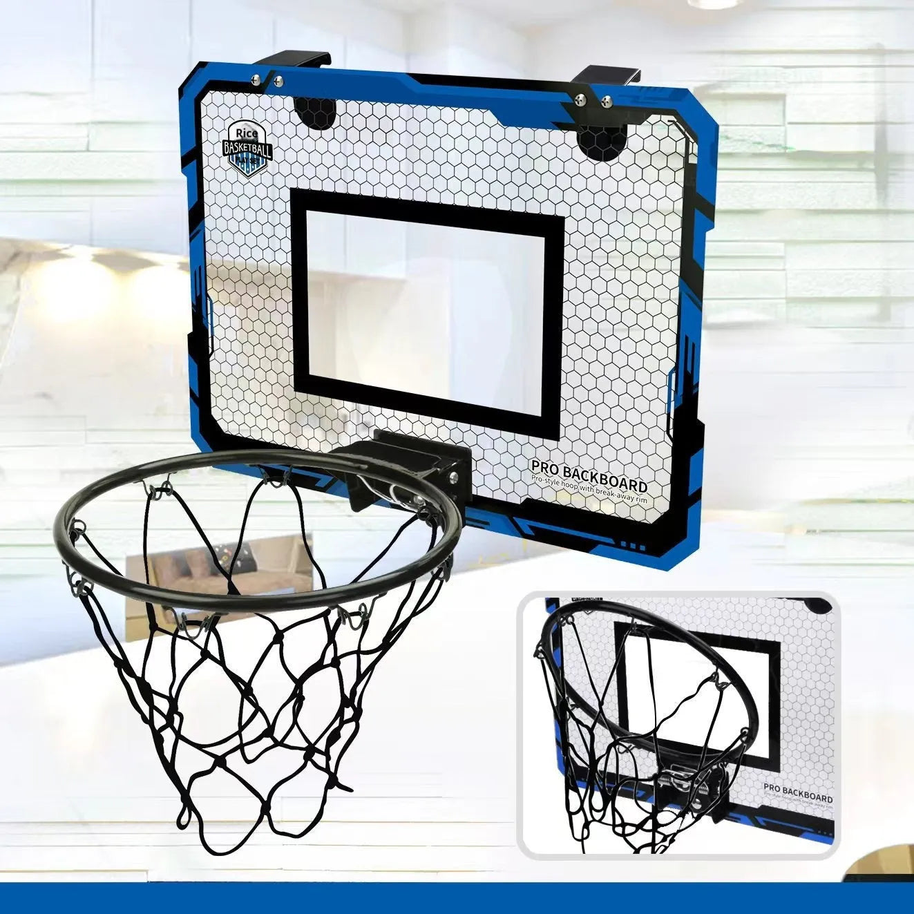Red and blue folding basketball frame with scoring panels, suction cups, and iron hook