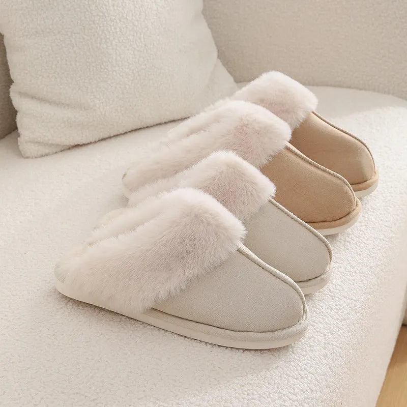 Women's brown plush indoor slippers with round toe design and non-slip PVC soles