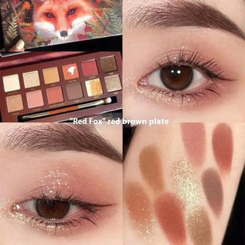 Explorer twelve-colour animal eye shadow palette open, showing pressed powder shades including cat, golden tiger and red fox.