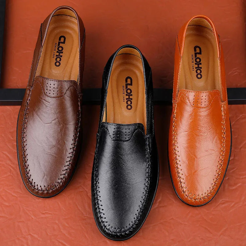 Men's brown cowhide leather shoes with round toe and flat rubber sole business casual design
