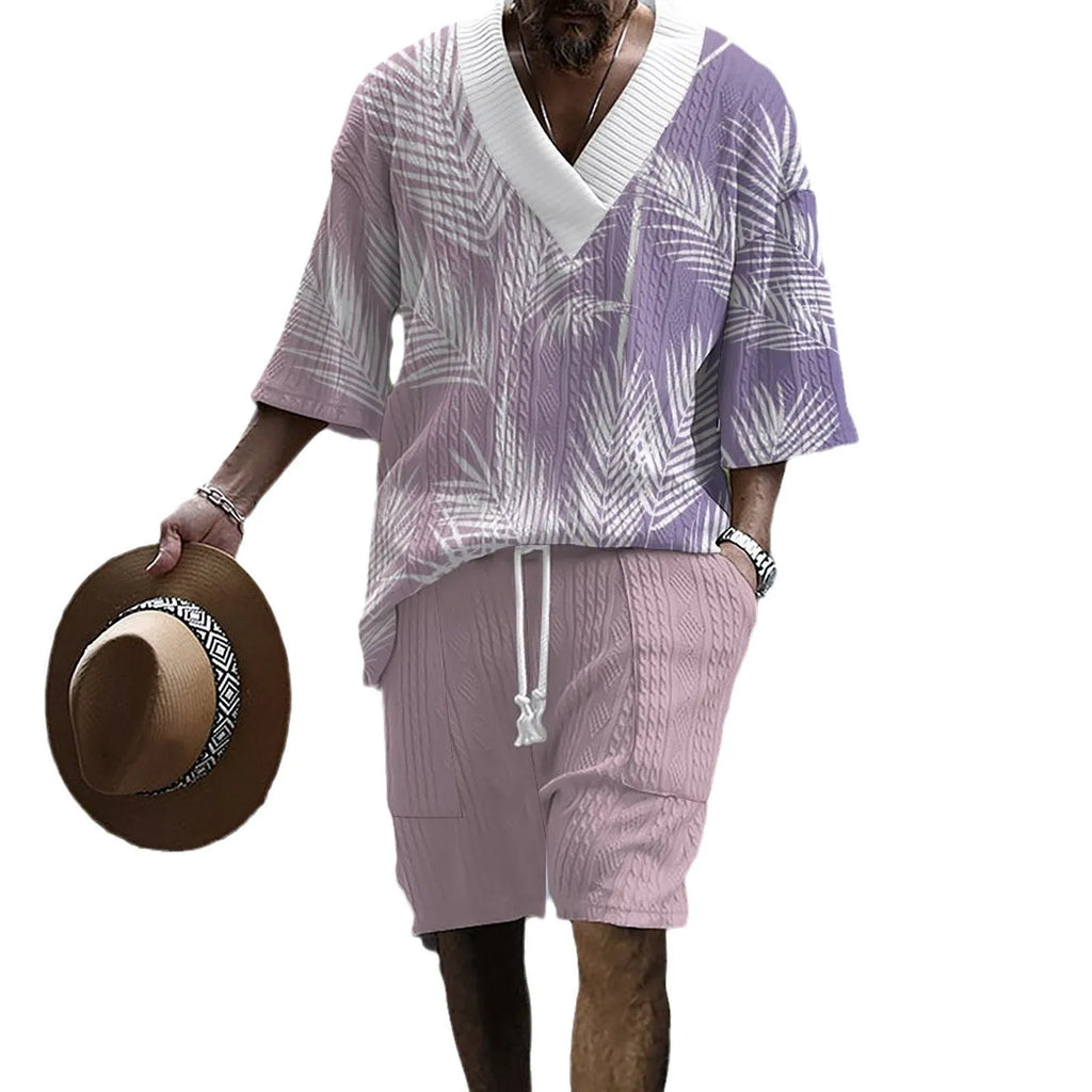 Men's casual knitted shorts suit set with short sleeves and drop-shoulder design