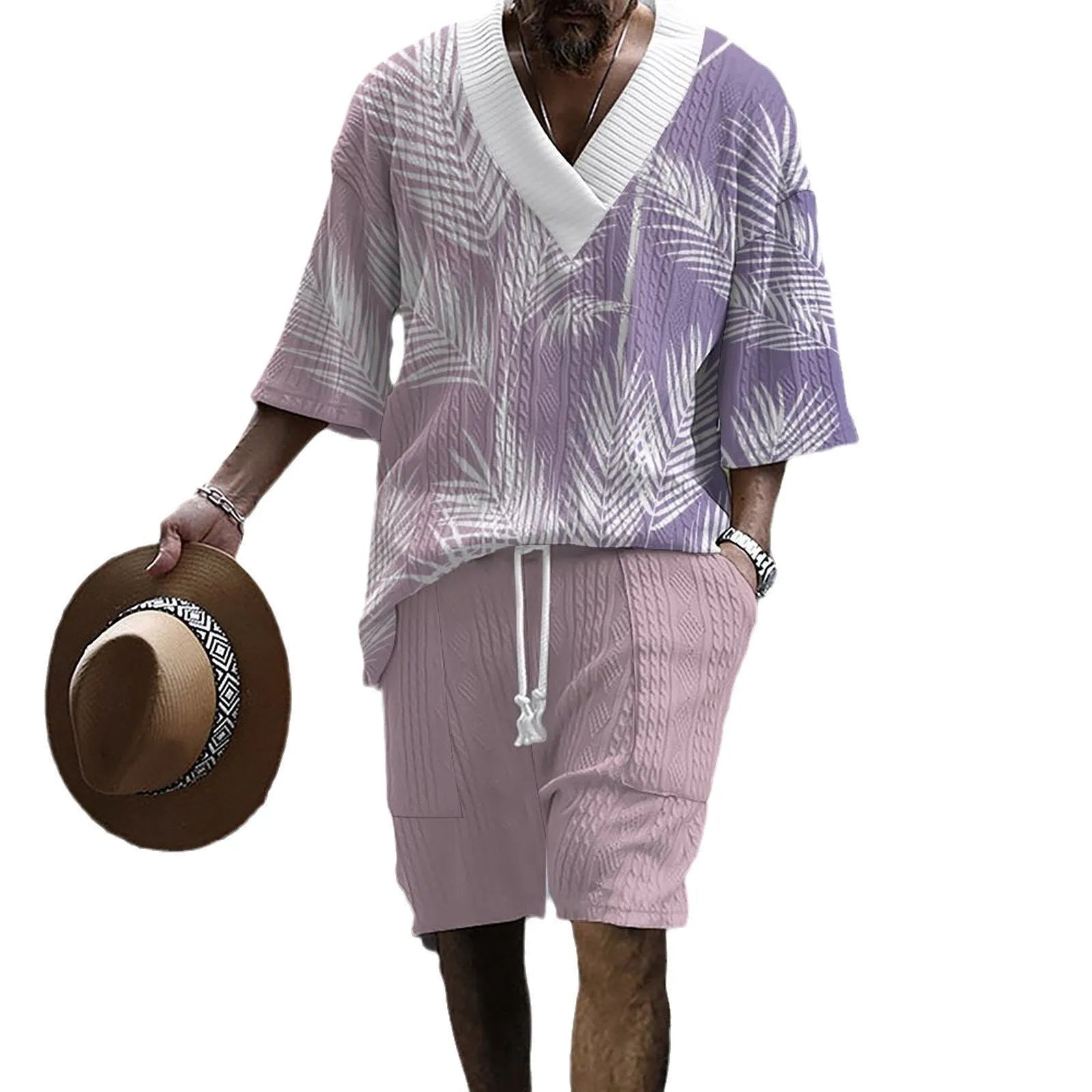 Men's casual knitted shorts suit set with short sleeves and drop-shoulder design
