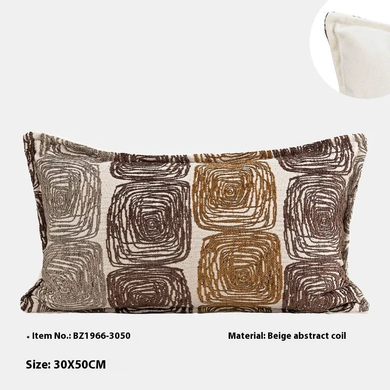 Abstract coil pattern pillow cover in cream and coffee colours showing square and rectangular size options