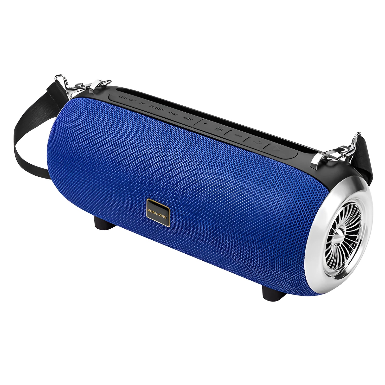 F666 square portable Bluetooth speaker with fabric mesh front, shoulder strap, and FM antenna.