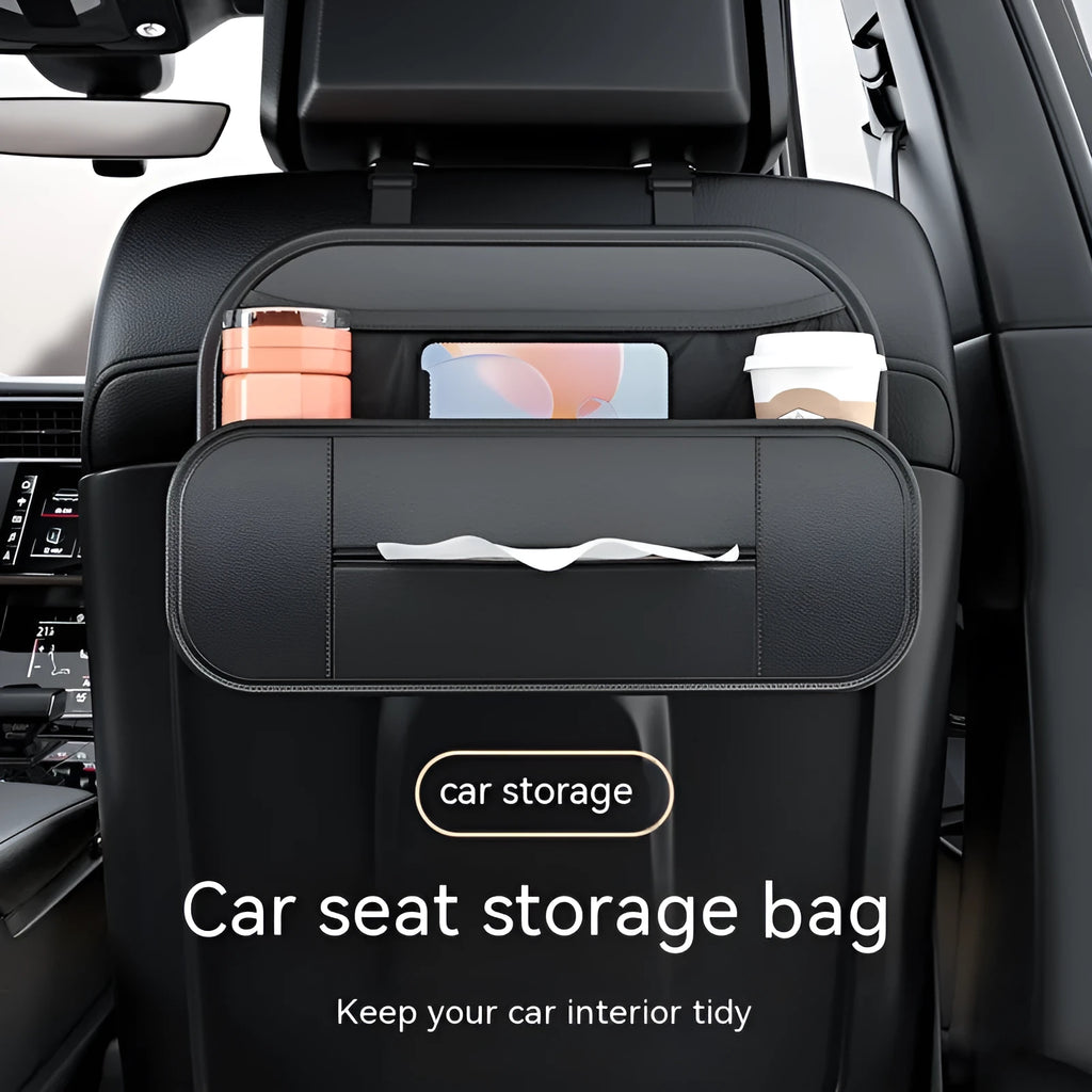 Black genuine leather car seat rear storage bag with dimensions 36cm wide by 24cm tall