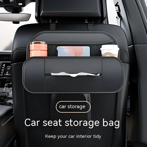 Black genuine leather car seat rear storage bag with dimensions 36cm wide by 24cm tall