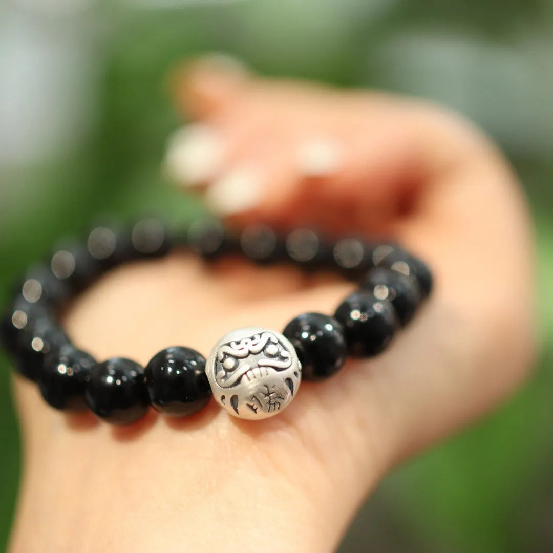 10mm black agate bracelet with sterling silver components in Chinese style design