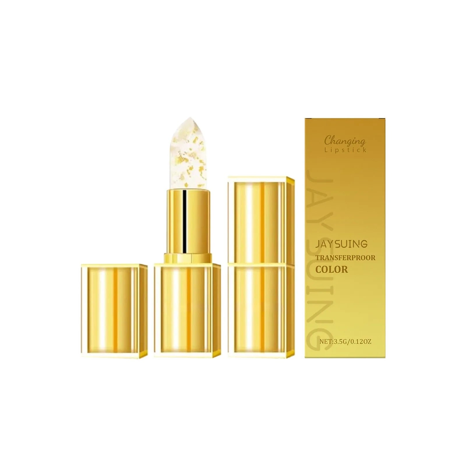 Gold foil nourishing lipstick stick with 3.5g net content in protective tube packaging.