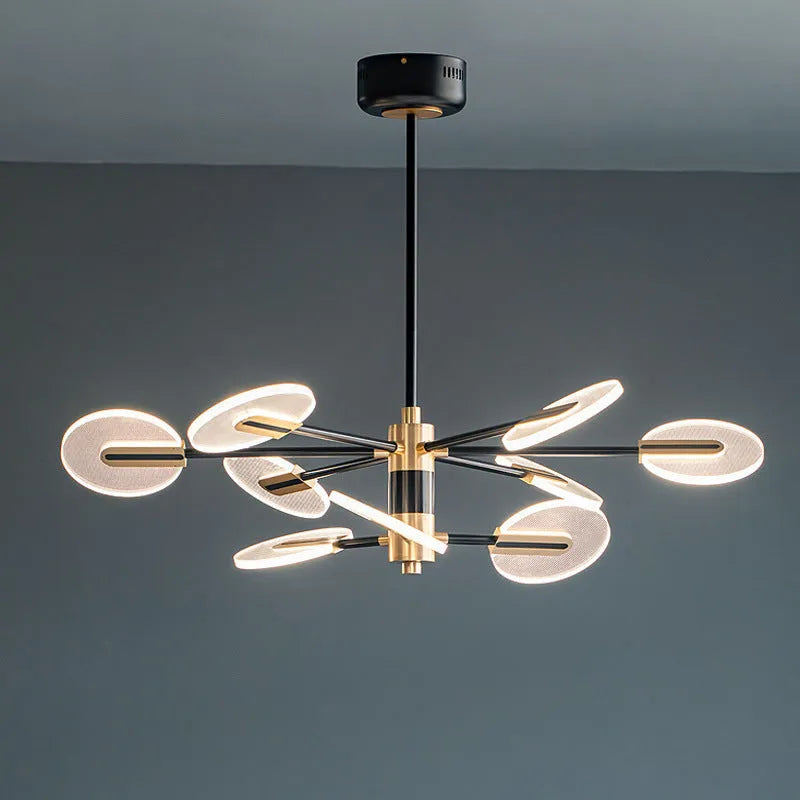Modern iron frame LED chandelier with acrylic shade, shown in a multi-head pendant configuration.