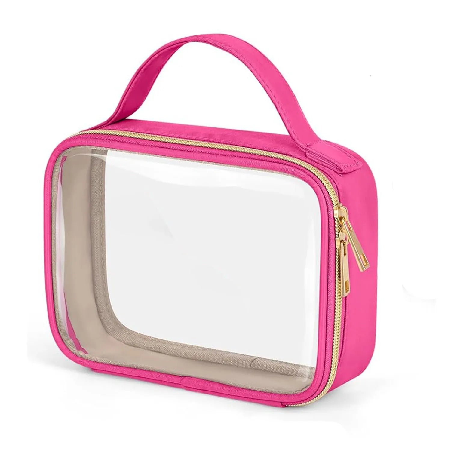 Transparent PVC wash bag showing cosmetics inside with chain handle