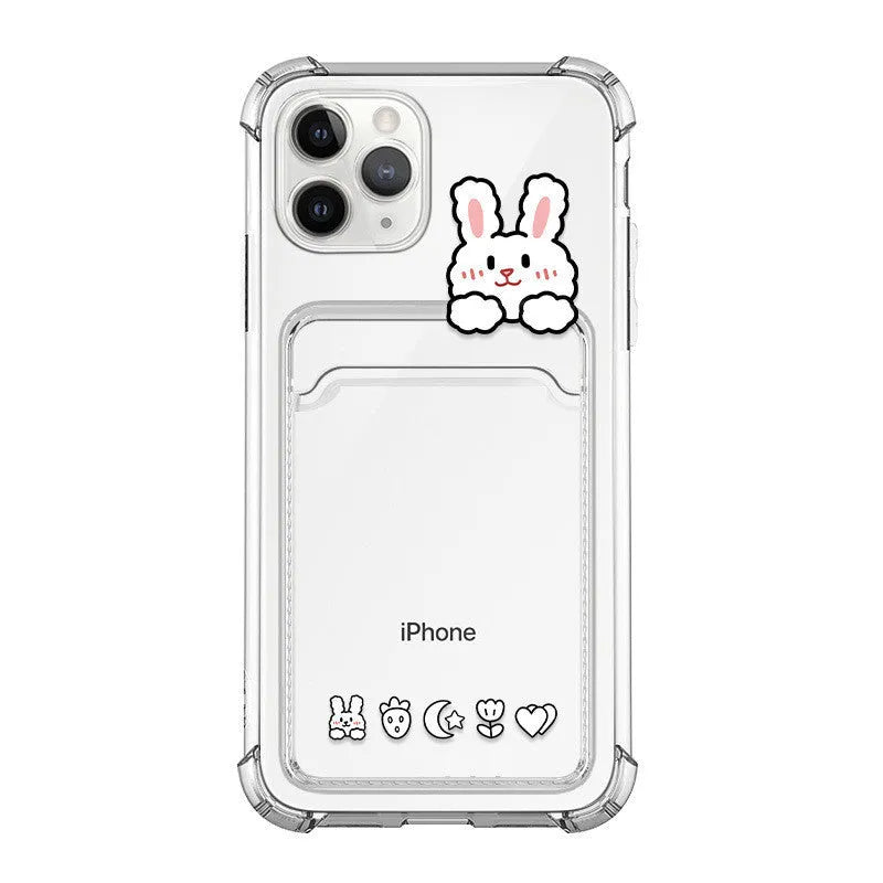 Transparent cartoon graphic iPhone back cover case with a slot for holding credit cards.
