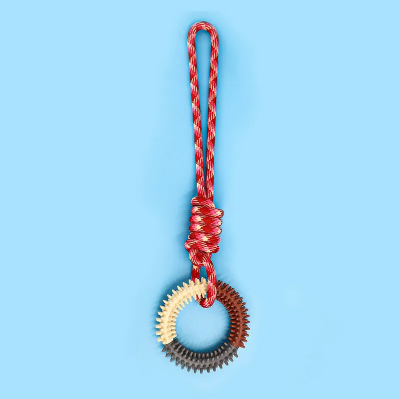 Blue, red, and rose red braided rope dog chew toy with knot design measuring 43cm long