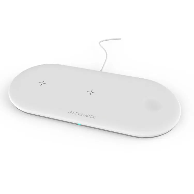 A black or white 3-in-1 wireless charging station for Apple iPhone, watch, and headphones on a desk.