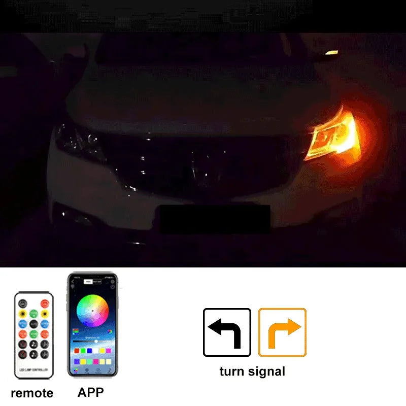 Flexible PVC LED light strip for automotive engine bay, showing white illumination through a car grille.