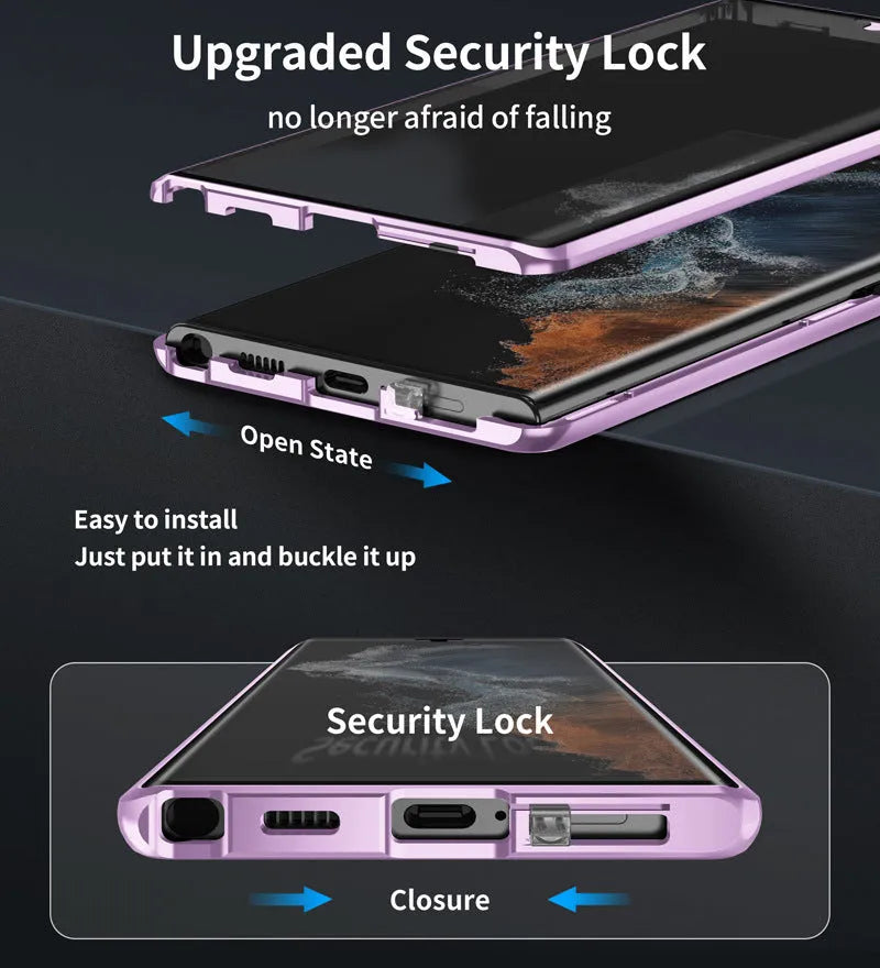 Samsung S24 Ultra magnetic phone case in multiple colours showing peep-proof mirror and metal construction.