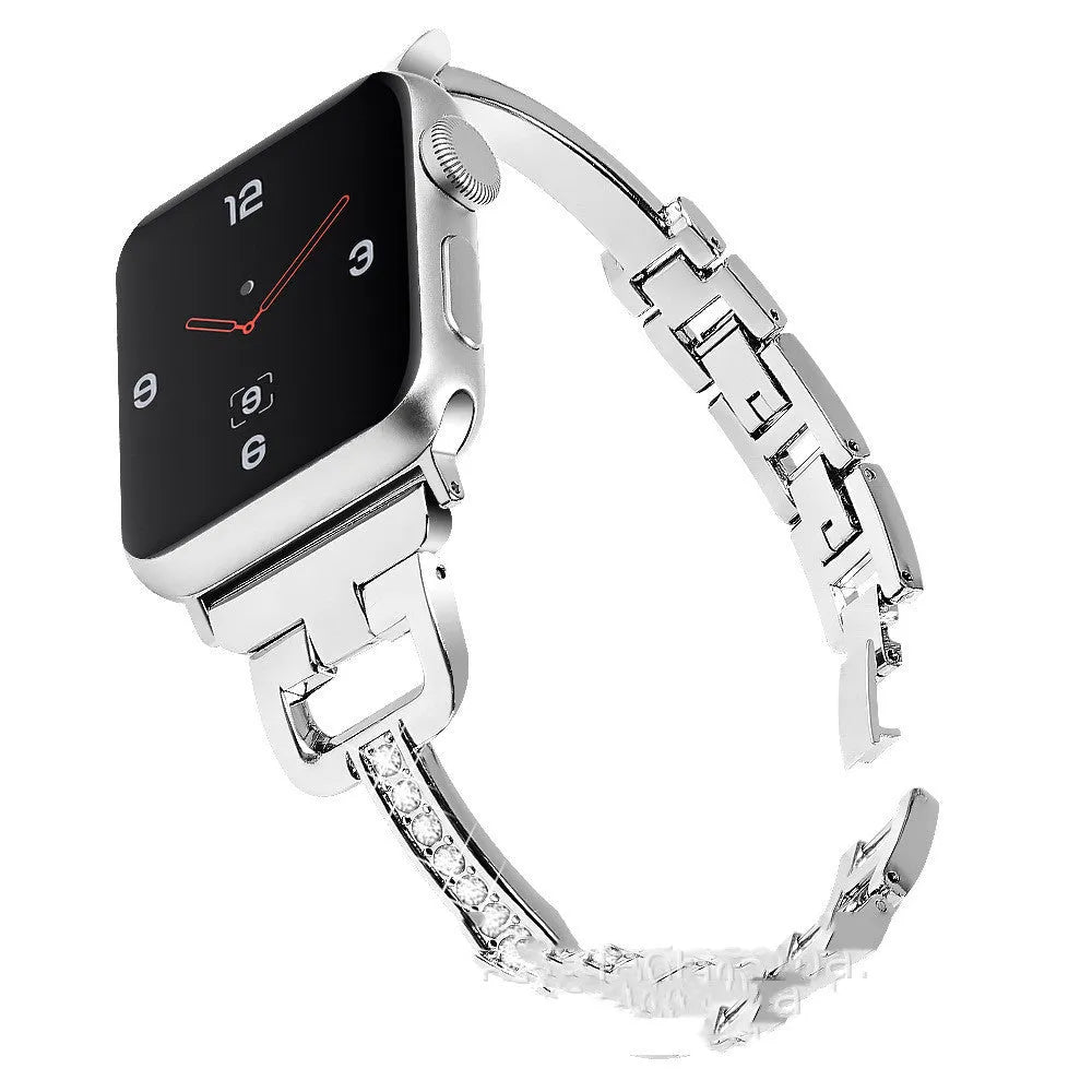 D-shaped metal diamond pattern strap for Apple Watch in silver, shown next to black and gold colour options.