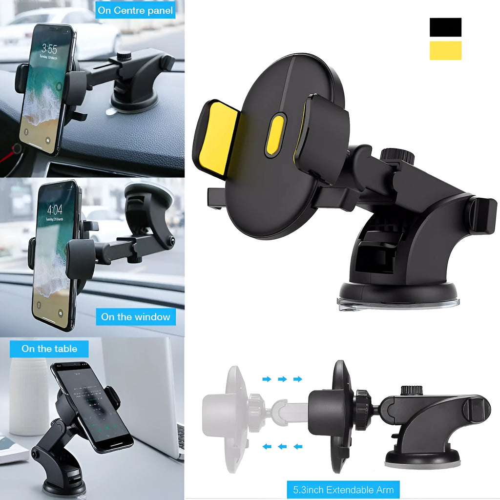 Yellow and black telescopic car phone holder with suction cup mount on textured dashboard