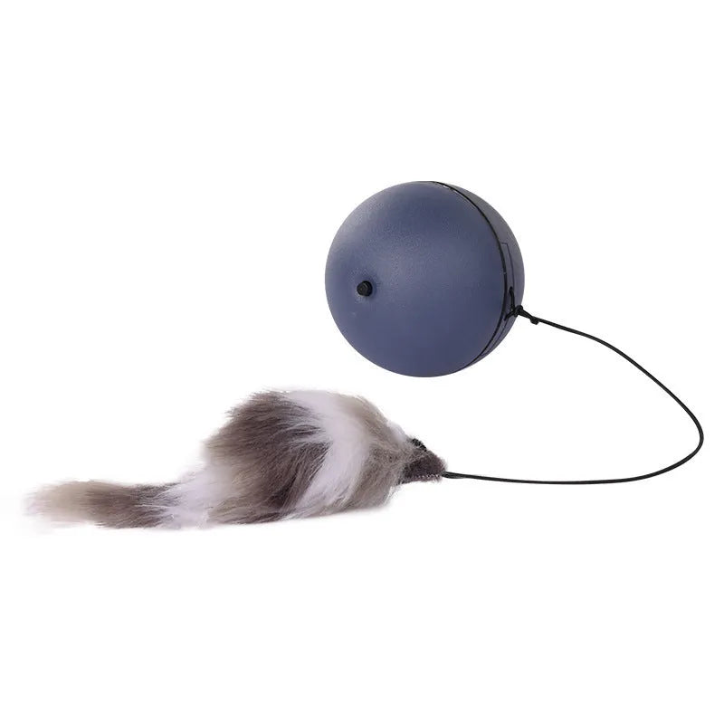 Interactive cat toy with blue and orange removable plush mouse attached to ball for feline exercise