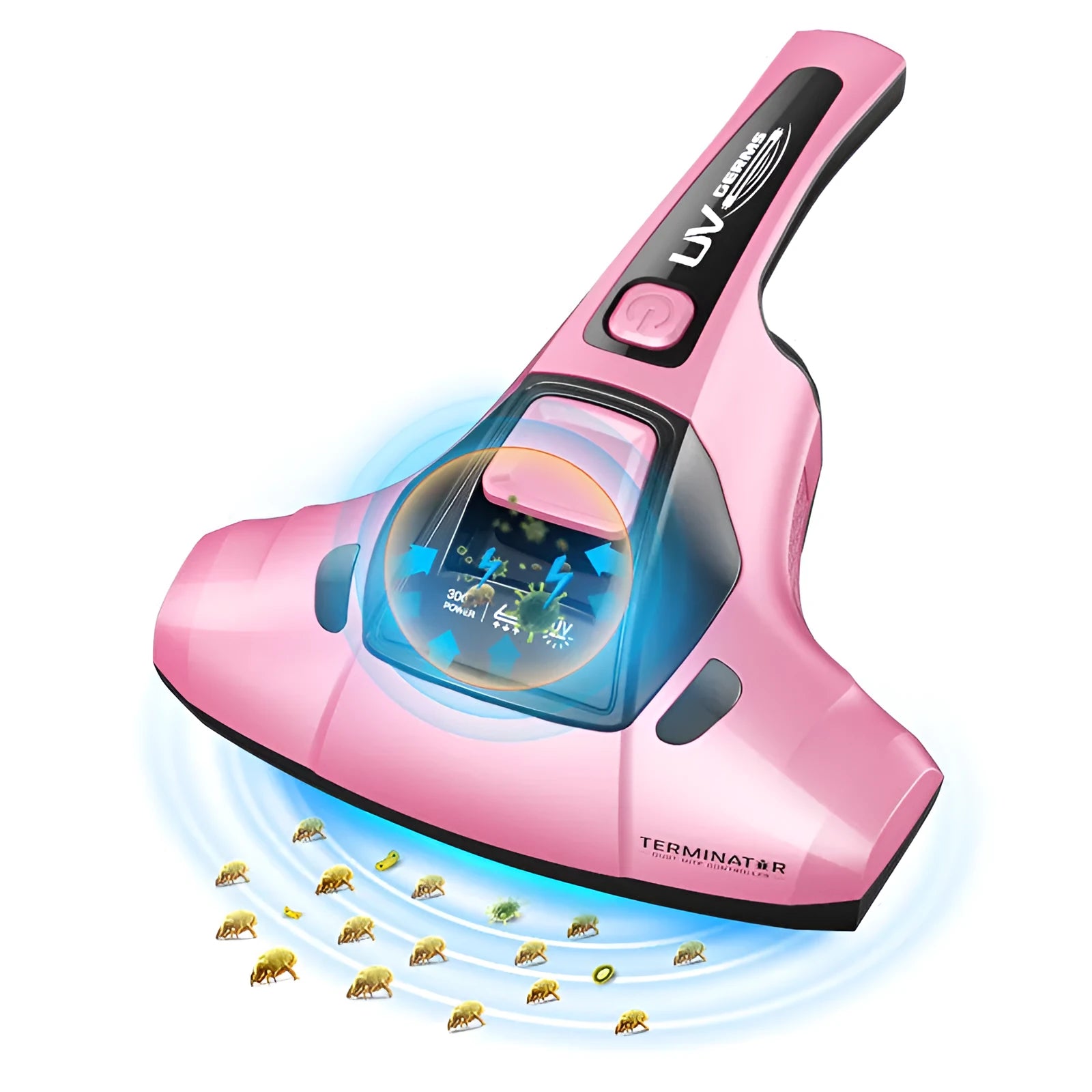 Pink handheld mite vacuum cleaner with nozzle on a mattress.