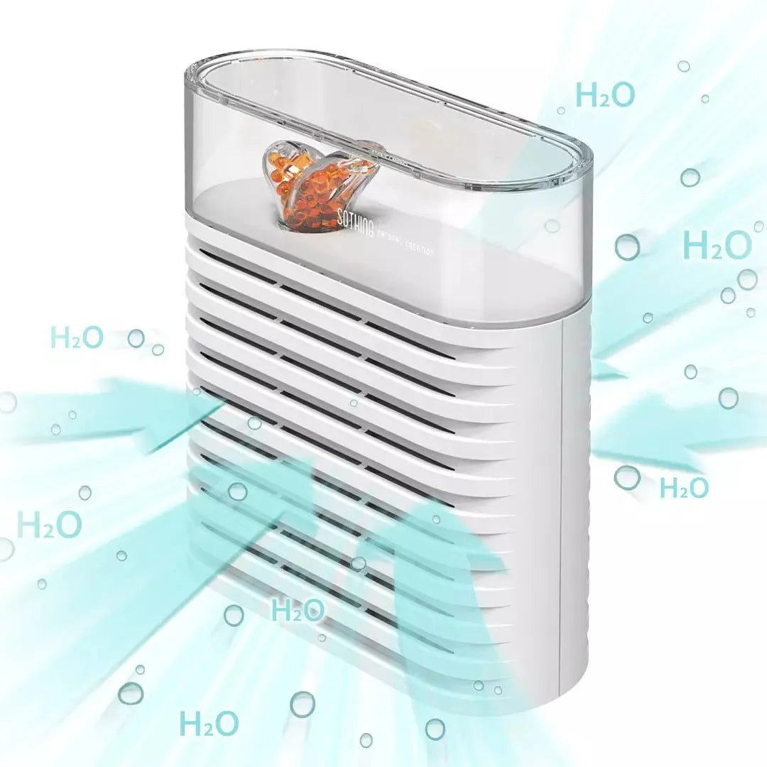 White reusable electric dehumidifier box with transparent top showing orange silica gel beads.