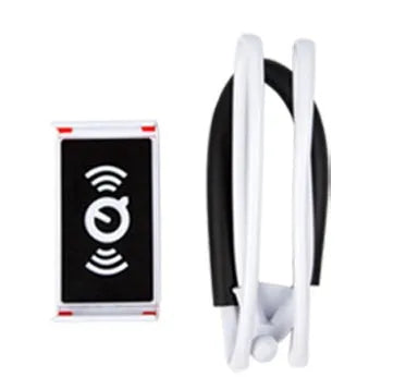 Universal white phone neck holder with 360-degree rotating clamp mounted on a smartphone