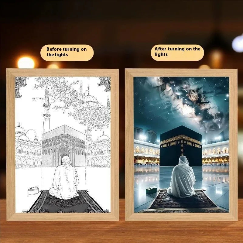 Modern rectangular LED photo frame displaying changeable sea scene artwork with built-in illumination