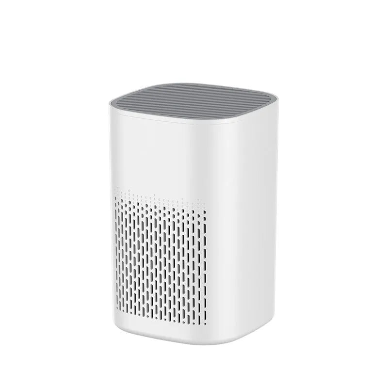 Simple style desktop air purifier with USB cable on a wooden desk