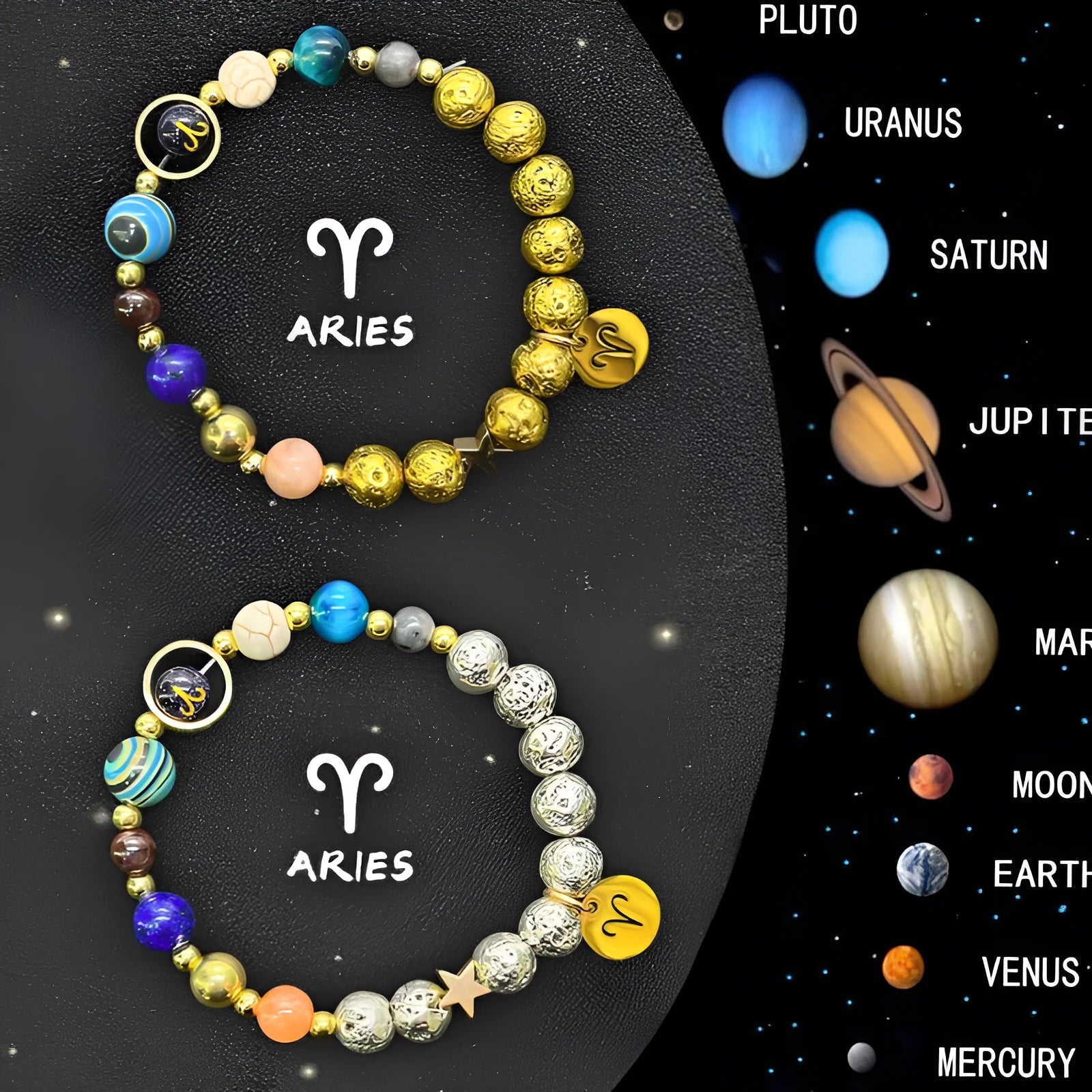 Set of two natural stone beaded bracelets with twelve different zodiac sign designs.