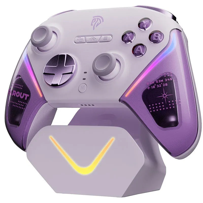 Rocker Smart gaming controller on charging base in black, green, or purple colour with Type-C port