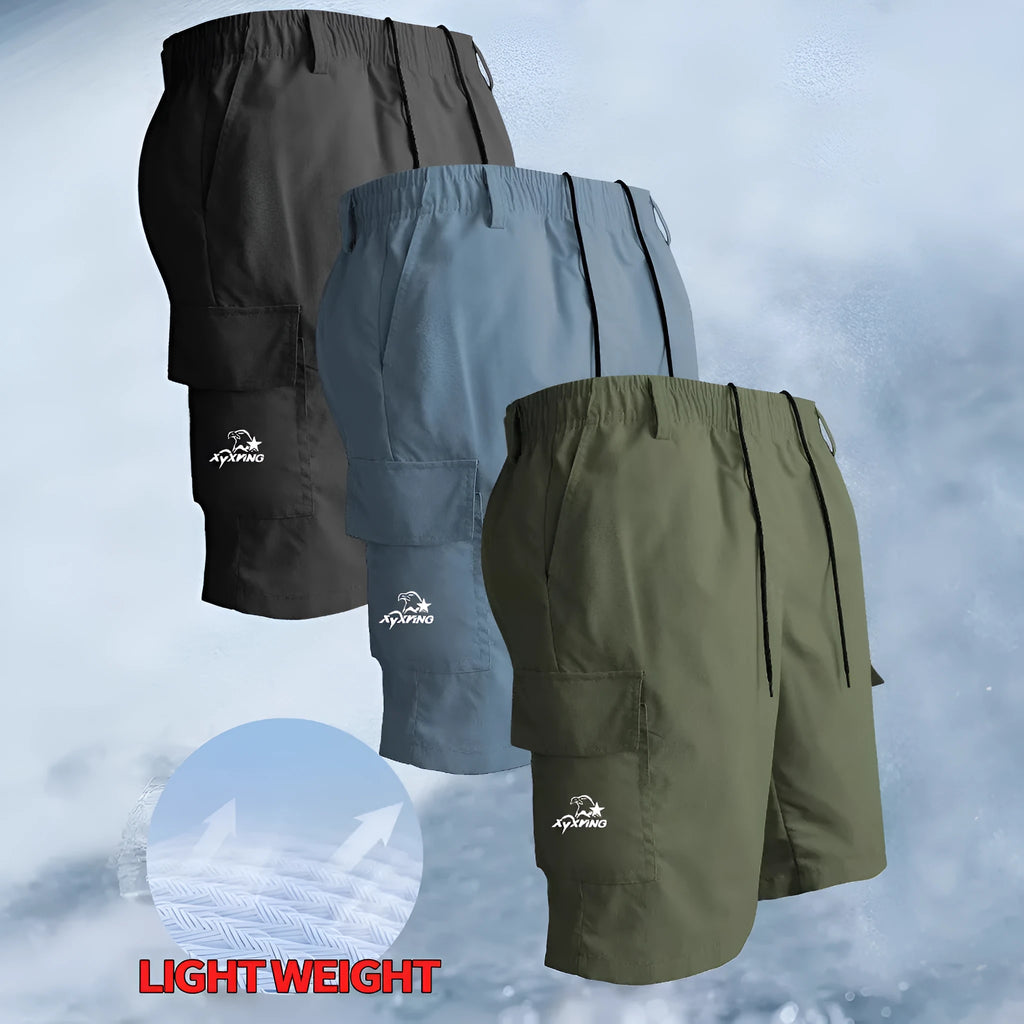Straight leg sports shorts in loose American casual style available in black, blue, green, or khaki