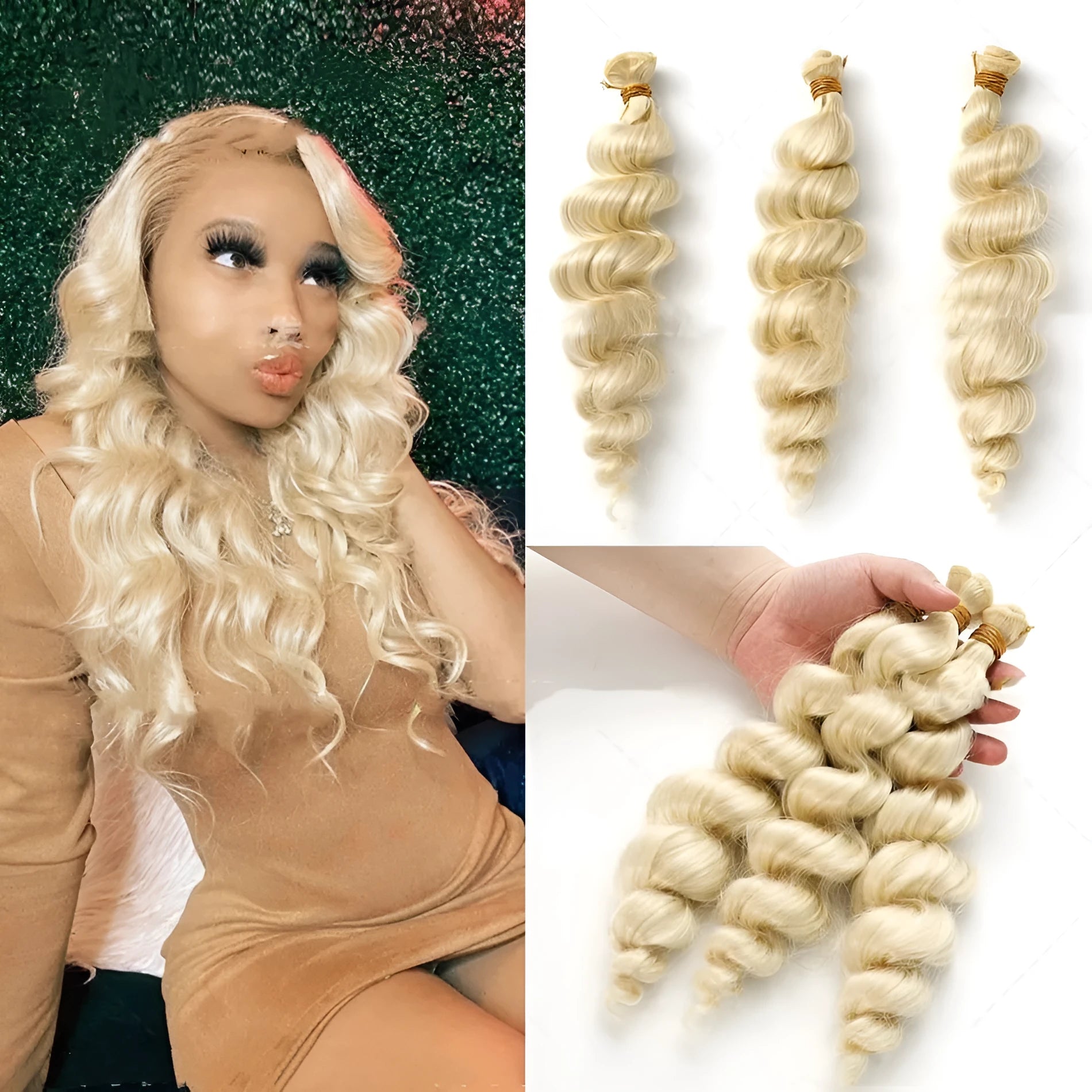 Golden synthetic fibre wig in three length options: 18, 20, and 22 inches.