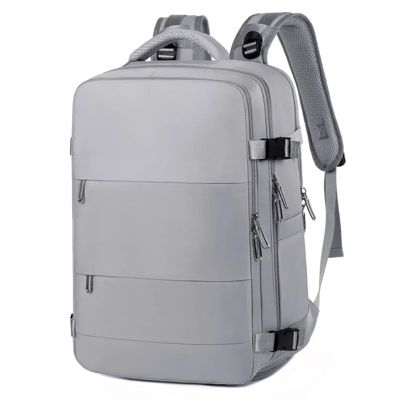 Large-capacity purple travel backpack for women with multiple compartments and an air pillow shoulder strap.