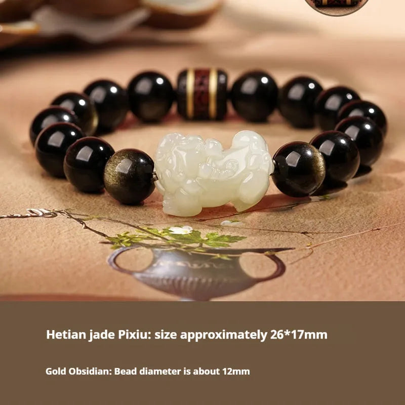 Women's Hetian jade bracelet with black and red braided ropes in Chinese style