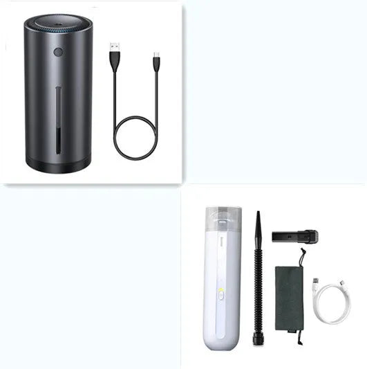 Baseus handheld car vacuum cleaner in black, white, or green, shown with blowing hose attachment.