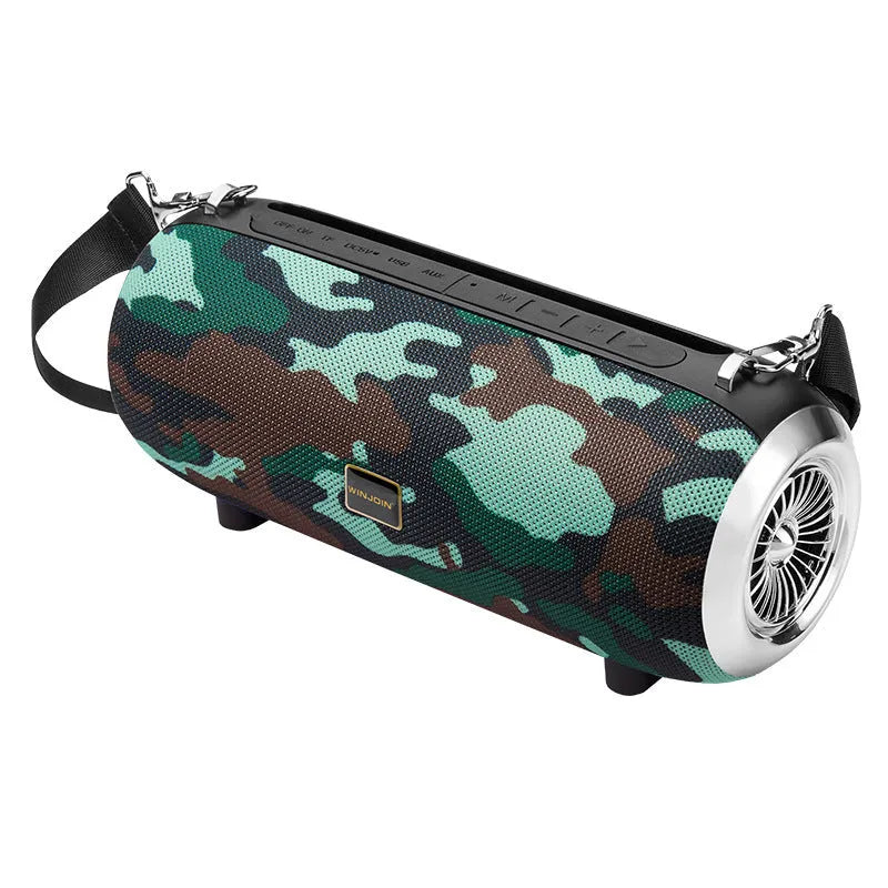 F666 square portable Bluetooth speaker with fabric mesh front, shoulder strap, and FM antenna.
