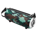 F666 square portable Bluetooth speaker with fabric mesh front, shoulder strap, and FM antenna.