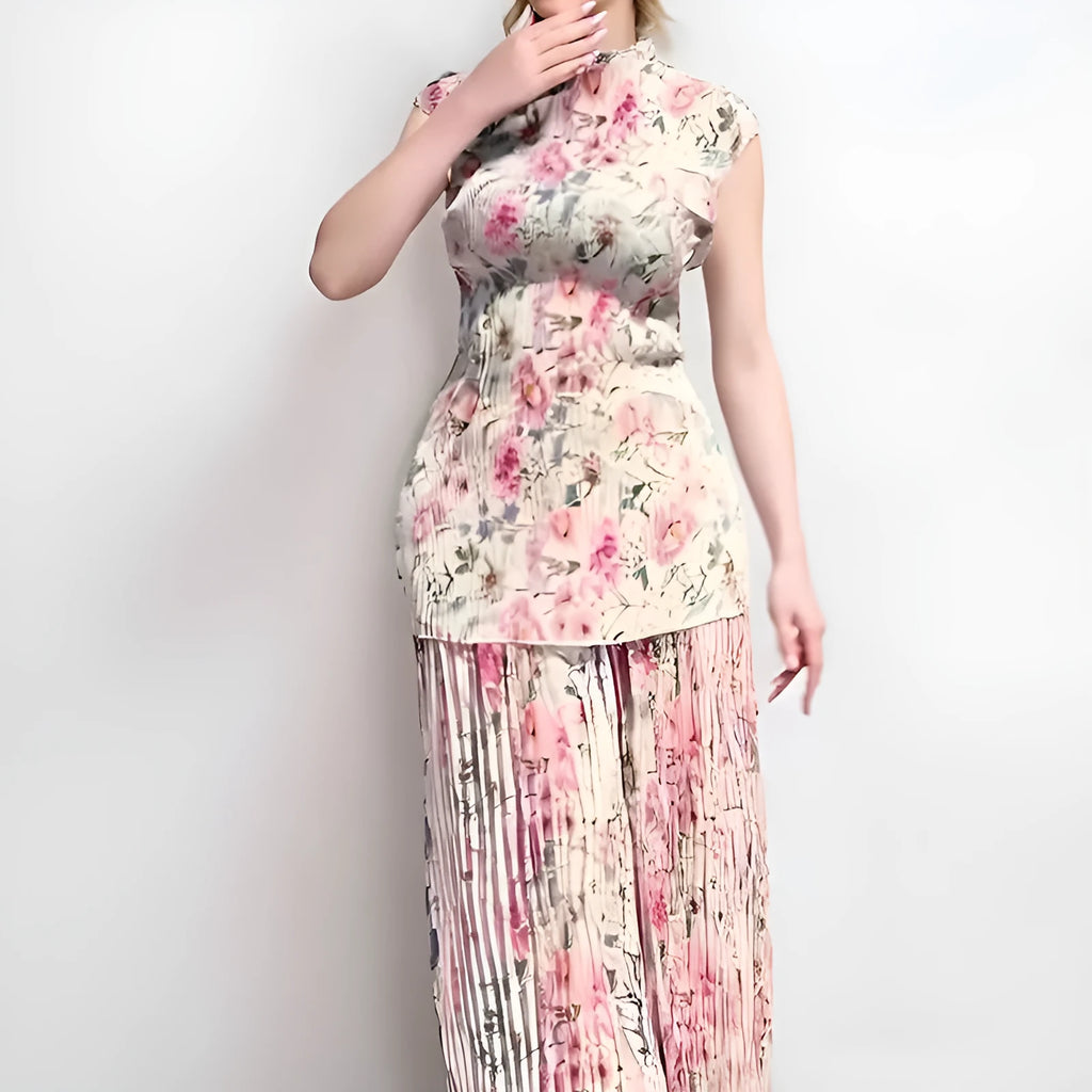Long sleeve printed chiffon two-piece dress set with lace trim top and high waist maxi skirt