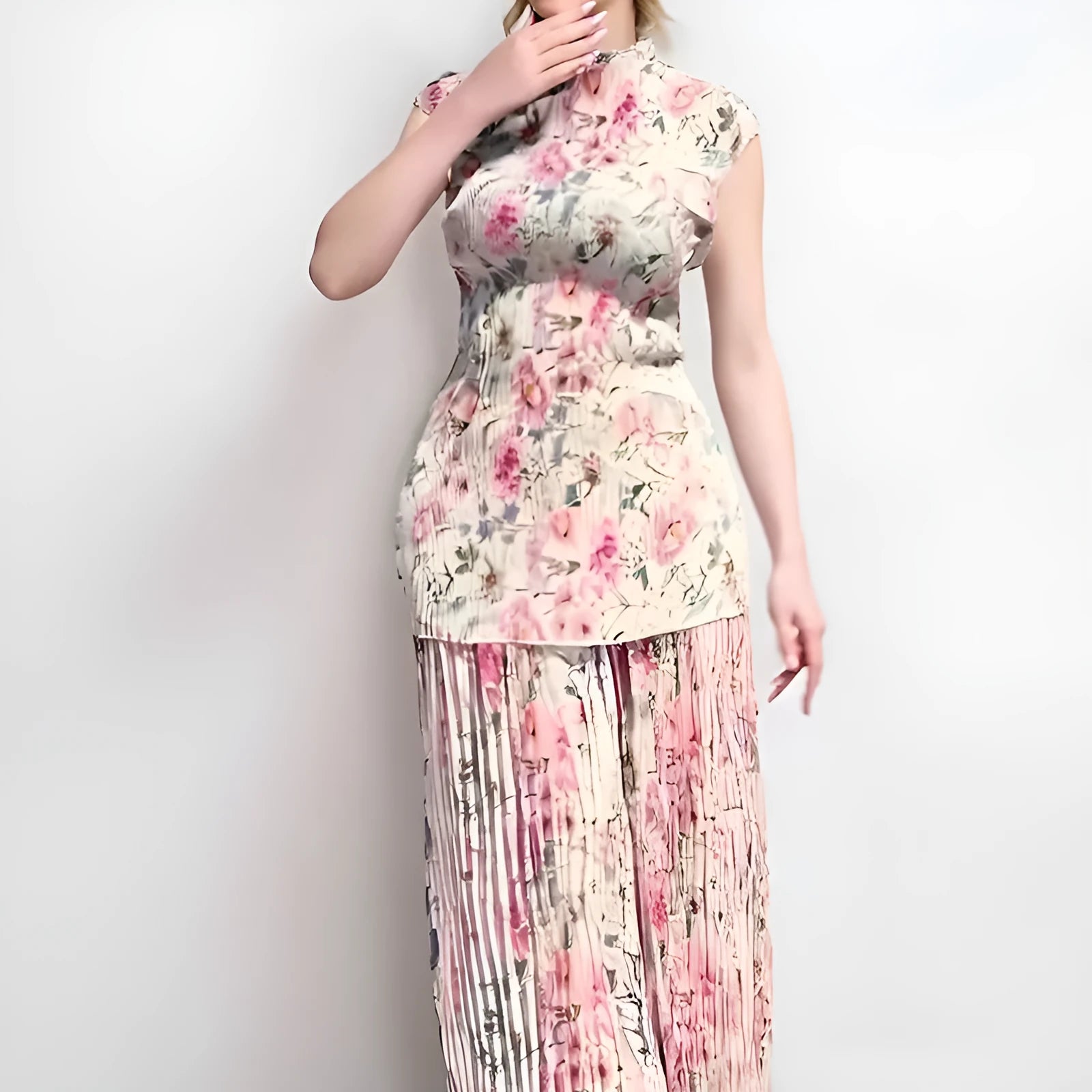 Long sleeve printed chiffon two-piece dress set with lace trim top and high waist maxi skirt