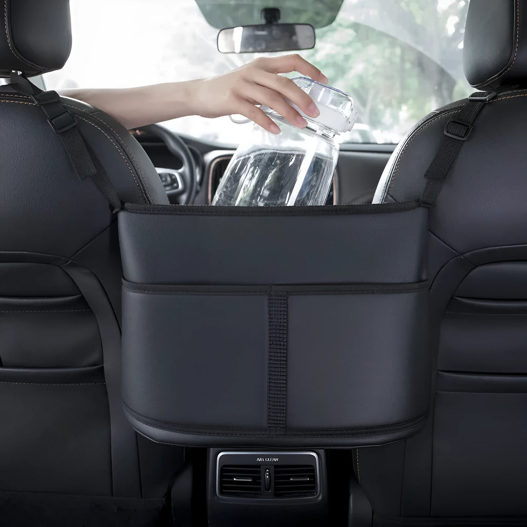 Black leather car seat storage bag with sports carbon fibre pattern measuring 38×24×15cm