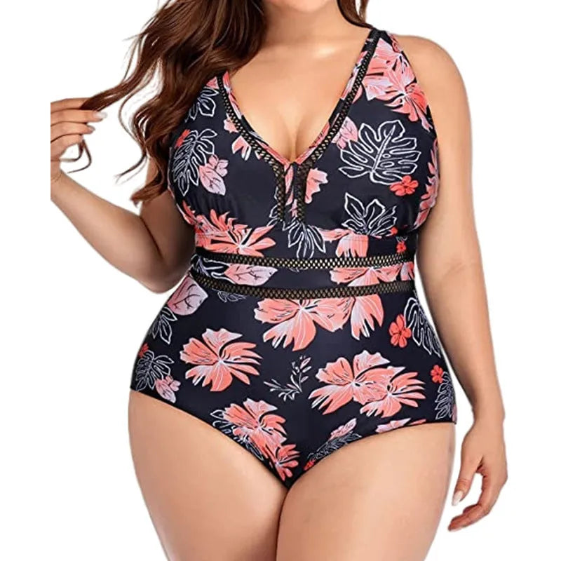 Black printed plus size women's bikini swimsuit with mesh fabric