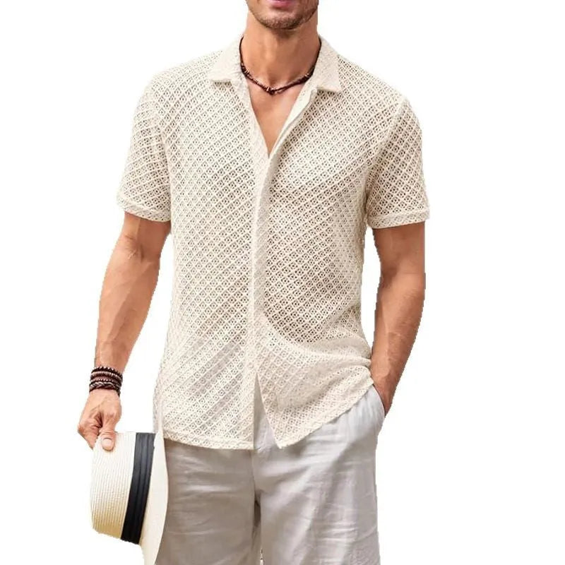 Men's beige cotton blend mesh short sleeve shirt with lapel design