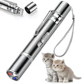 Silver aluminium USB rechargeable cat laser pointer toy with multiple light patterns.