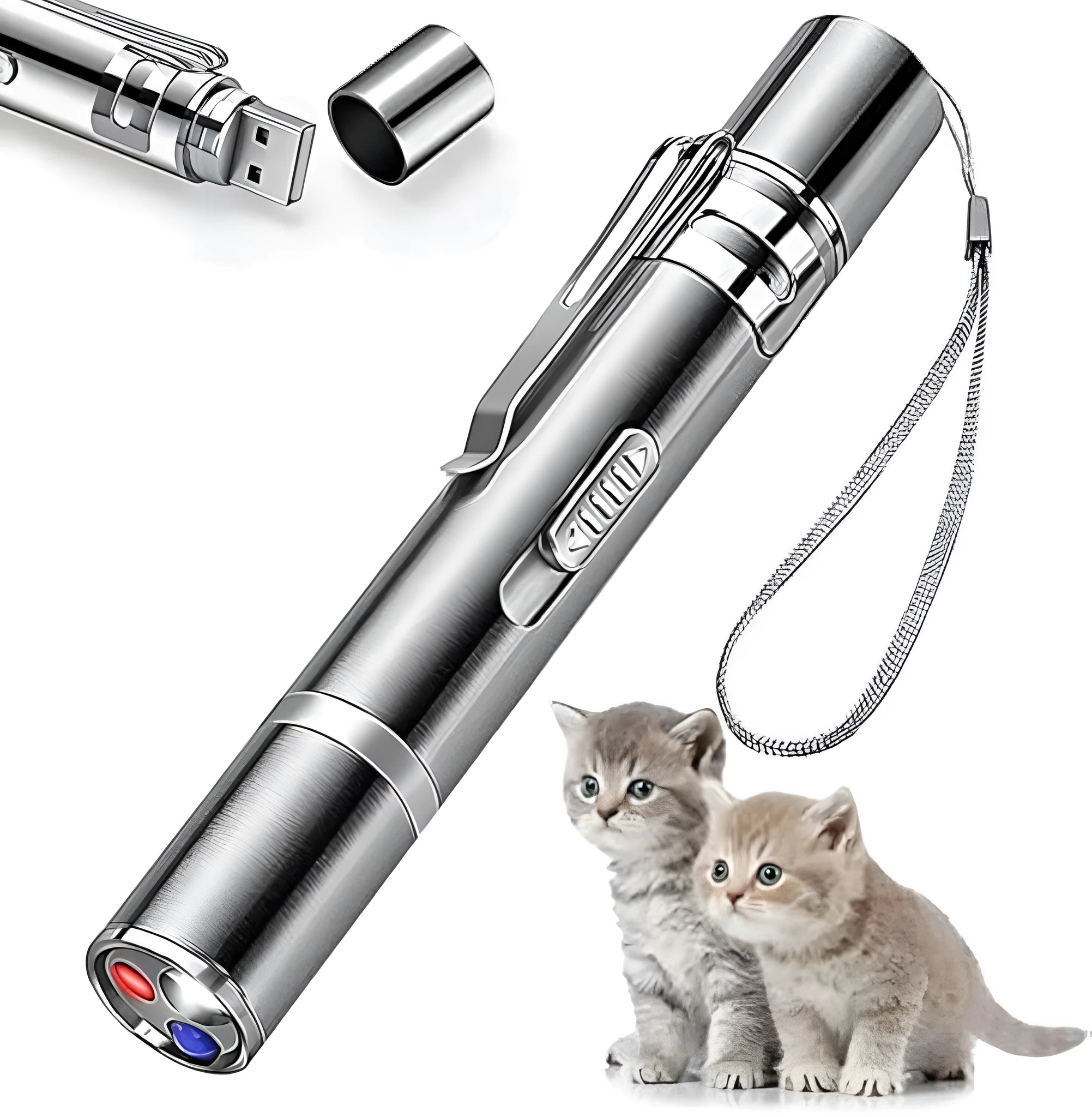 Silver aluminium USB rechargeable cat laser pointer toy with multiple light patterns.
