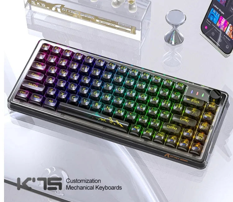 Attack Shark K75RGB wireless mechanical keyboard with transparent black or white PC case and RGB lighting.