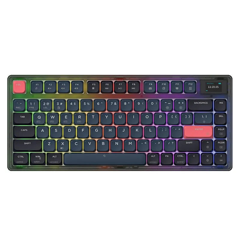 Ajazz AK832PRO mechanical keyboard with colour screen and RGB lighting on desk